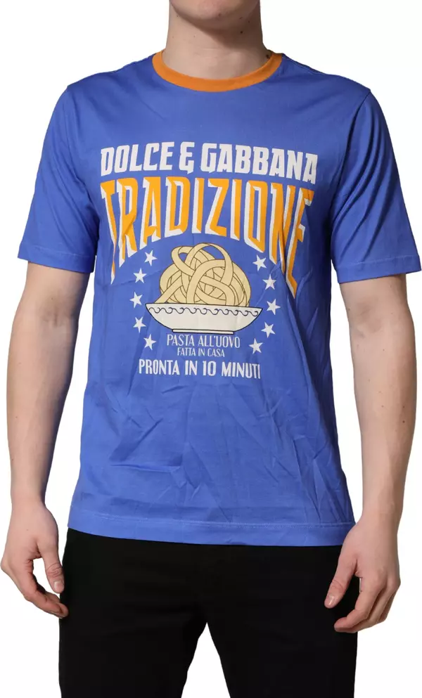 Blue Pasta Graphic Print Cotton Men Crewneck T-shirt