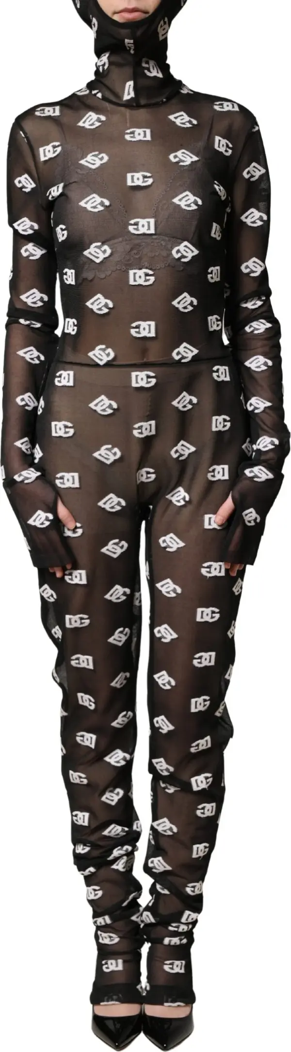 Black White Logo Print Hooded Jumpsuit Dress