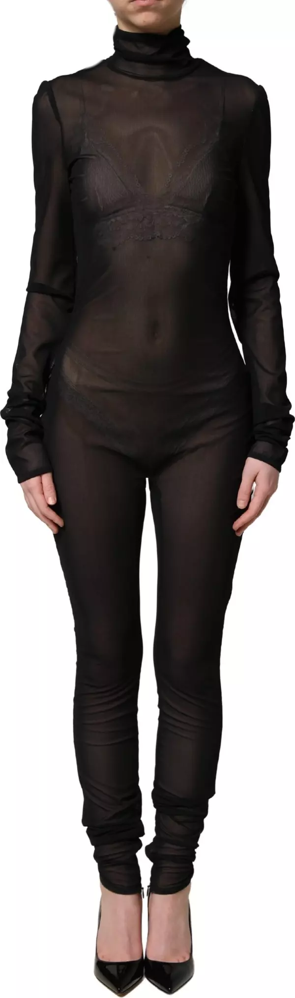 Black Nylon Sheer Turtleneck Jumpsuit Dress