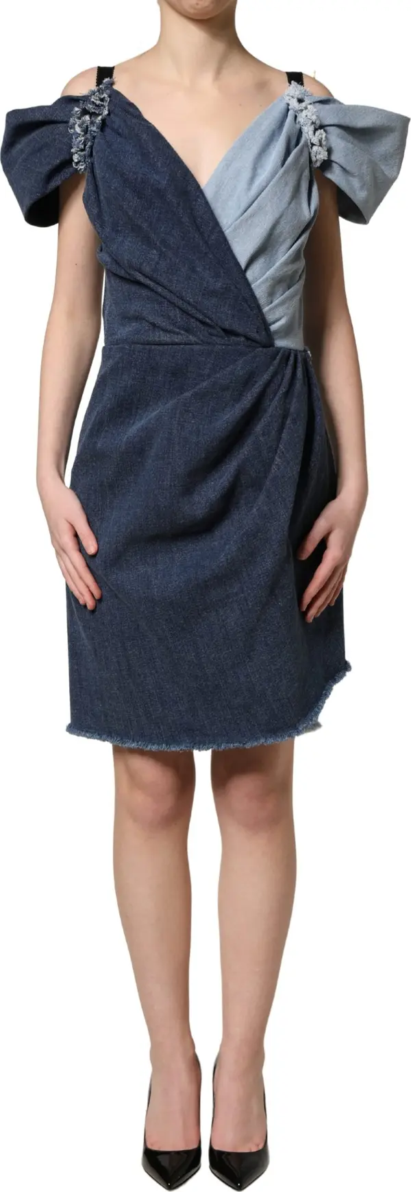 Blue Cotton Patchwork Denim Mini Sheath Dress