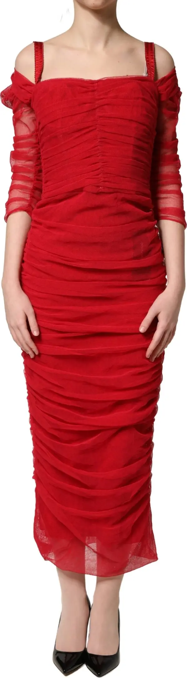 Red Cotton Ruched Stretch Tulle Midi Dress