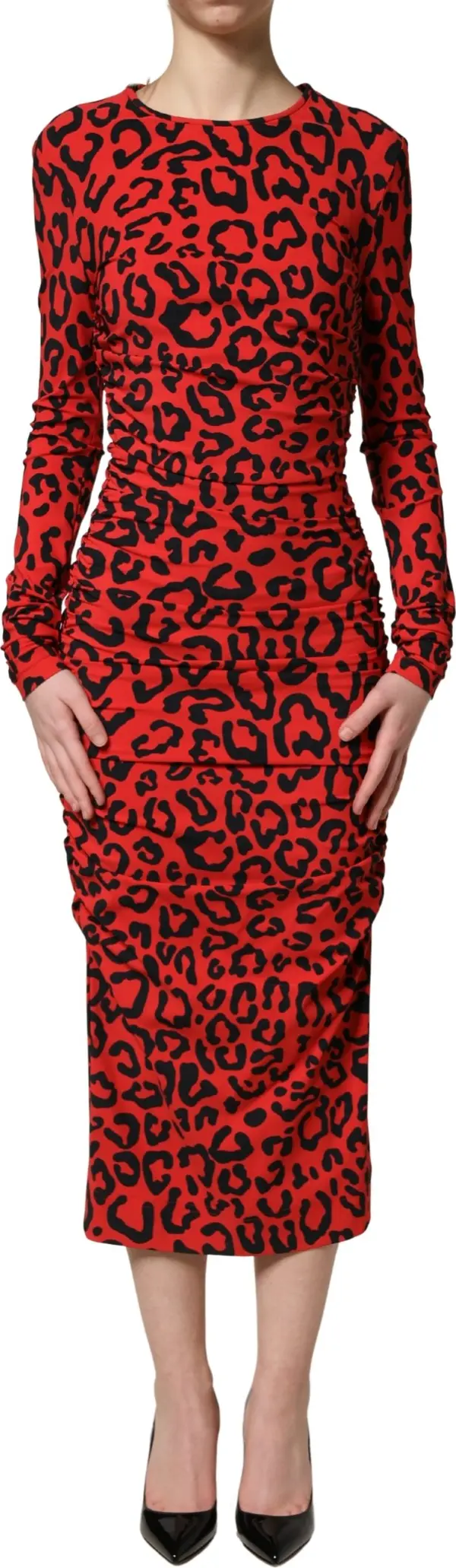 Red Leopard Print Long Sleeves Midi Dress