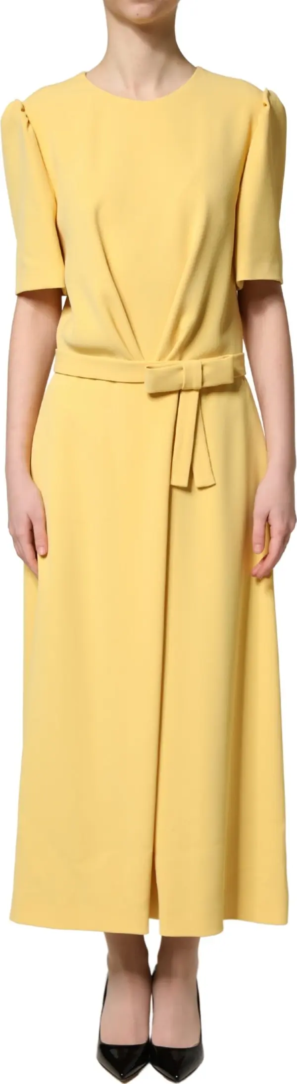Yellow Short-Sleeved Crew Neck Midi Dress