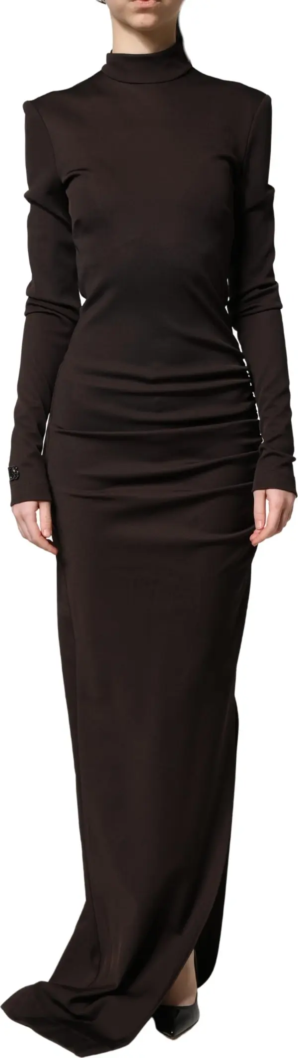 Brown Turtleneck Jersey Long Maxi Dress