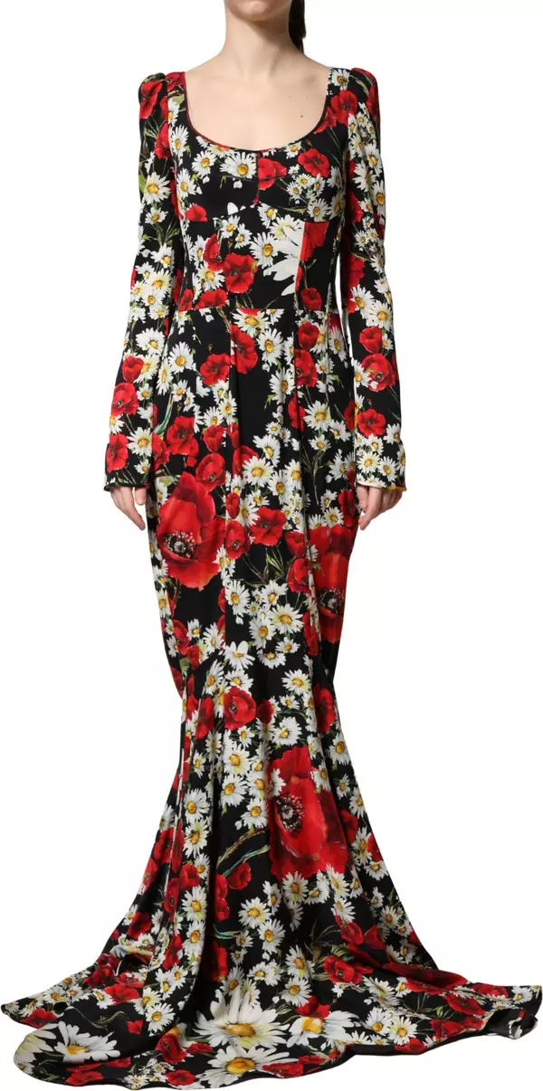Black Floral Silk Long Sleeves Gown Dress