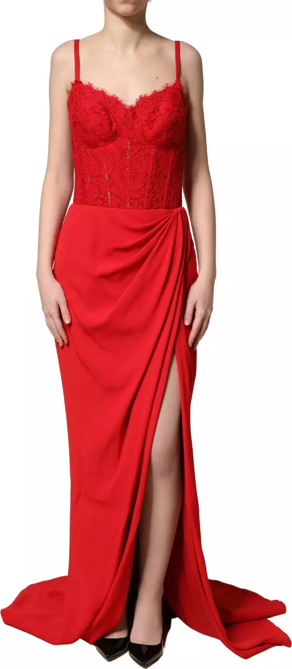 Red Corset Lace Bodice Draped Long Gown Dress