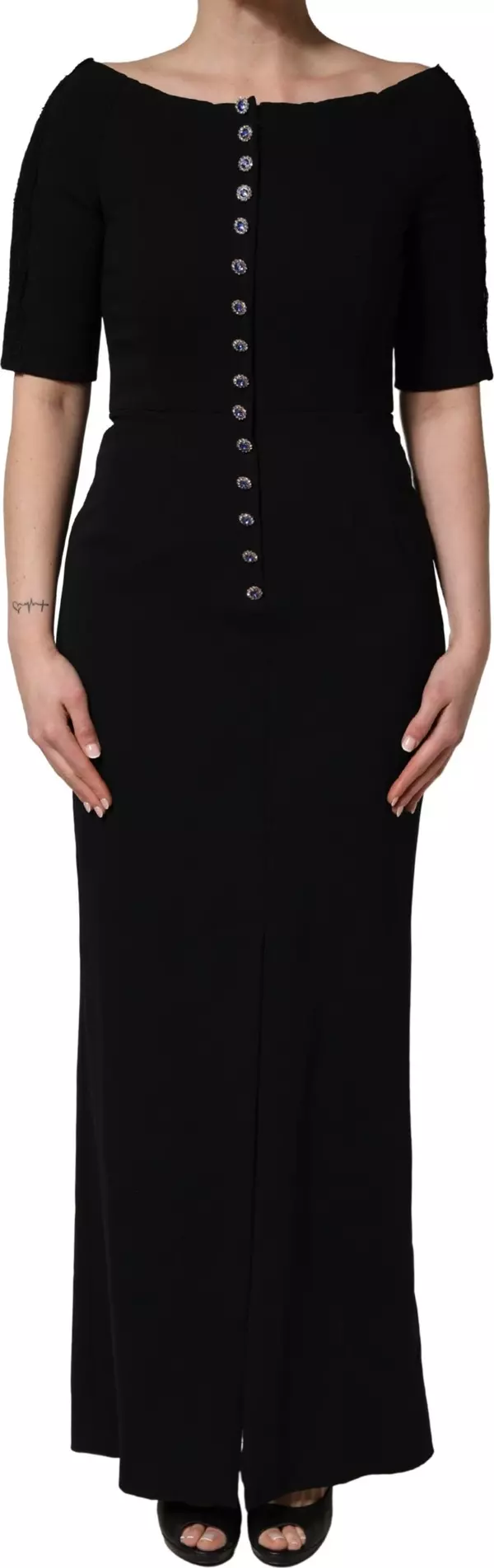 Black Silk Button Bodice Sheath Maxi Dress