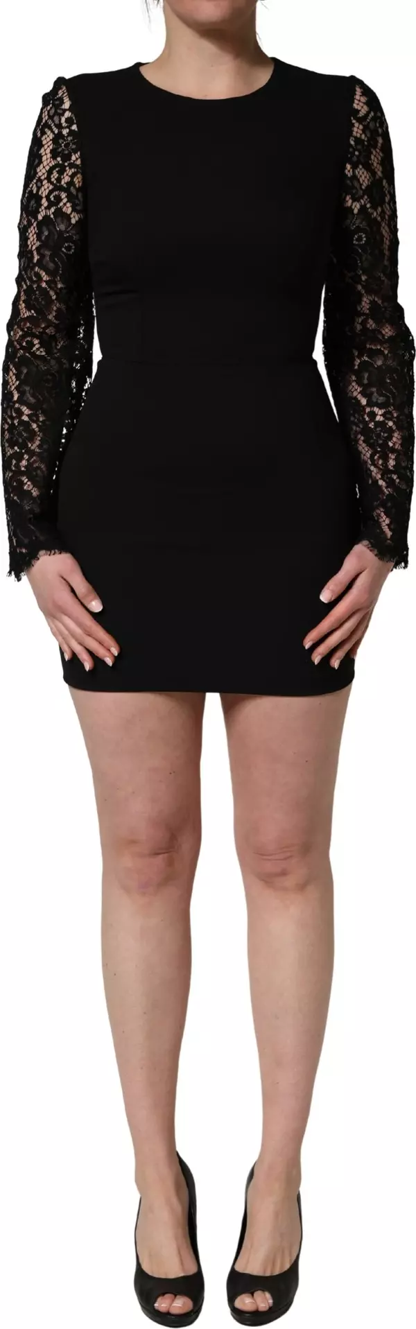 Black Viscose Lace Long Sleeves Mini Dress