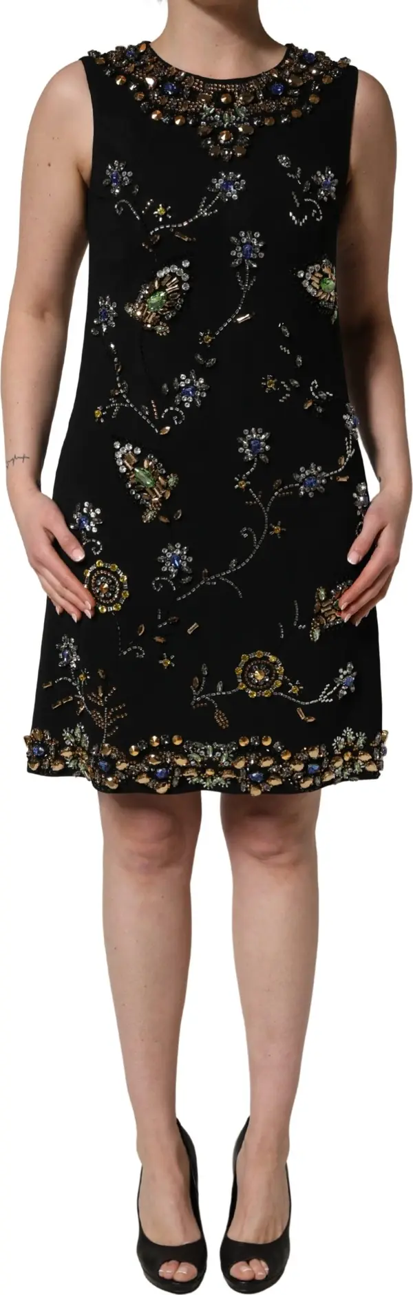 Black Sleeveless Floral Bead Embellishments Dress