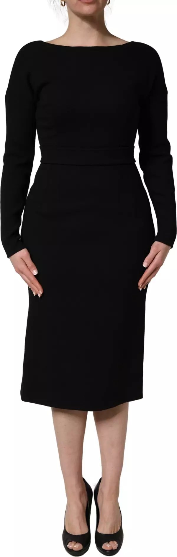 Black Wool Crepe Long Sleeves Midi Dress