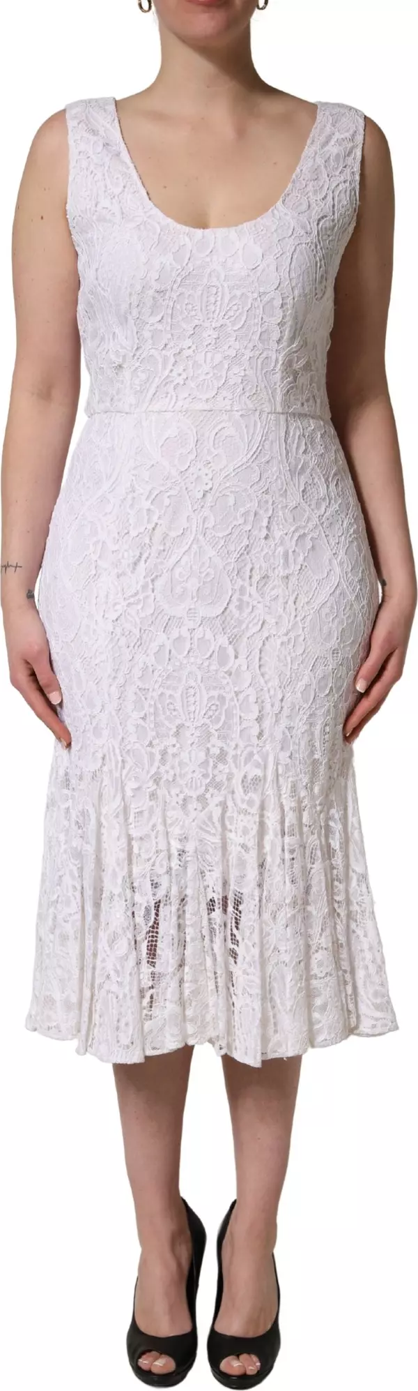 White Floral Lace Sleeveless Midi Dress