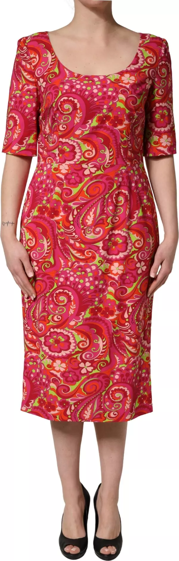 Red Paisley Floral Print Sheath Midi Dress