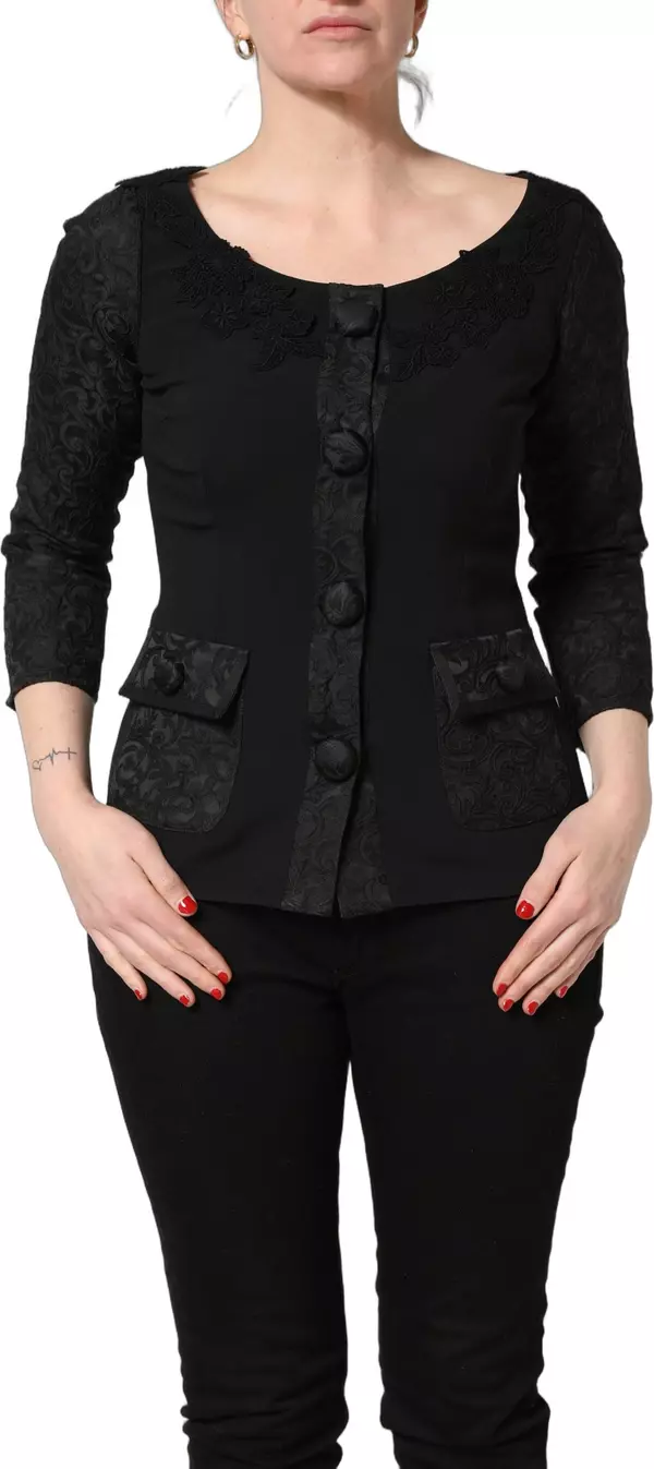 Black Button Fastening Lace Trimmed Blazer Jacket