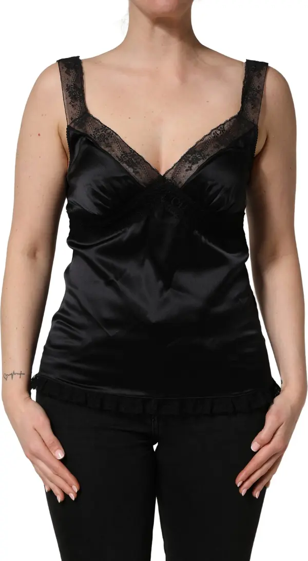 Black Silk Lace Trim Camisole V-neckline Tank Top