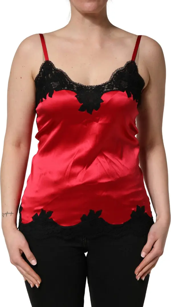 Red Silk Lace Trim Camisole Sleeveless Tank Top