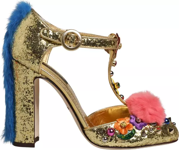 Gold Fur Trim Glitter T-strap Sandals Shoes