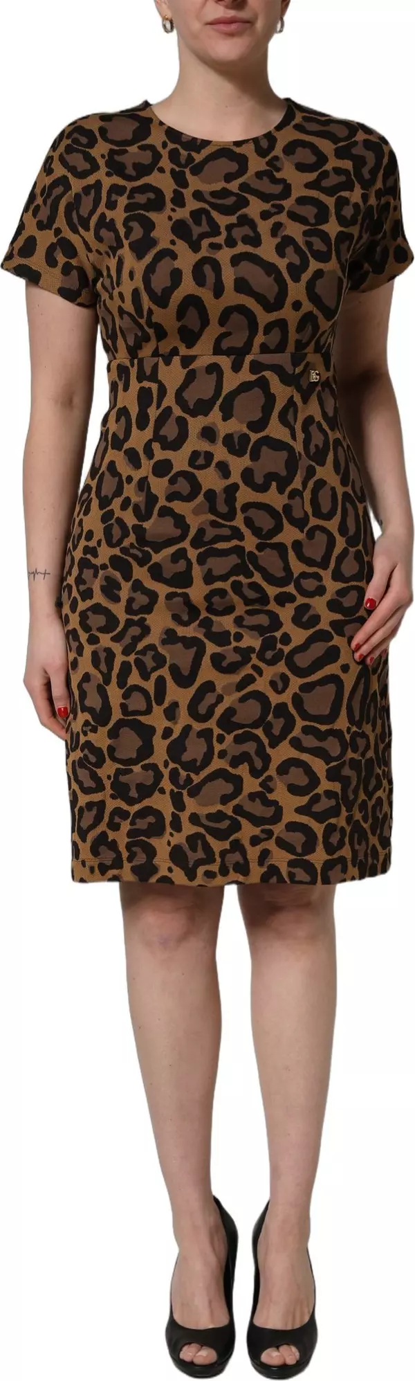 Brown Leopard Jacquard Knee Length Dress