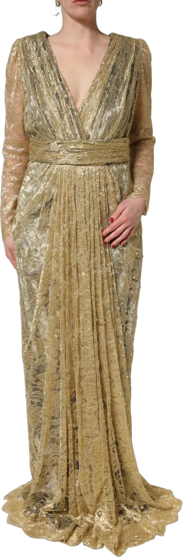 Gold Sheer Lace Crystal Embellished Dress