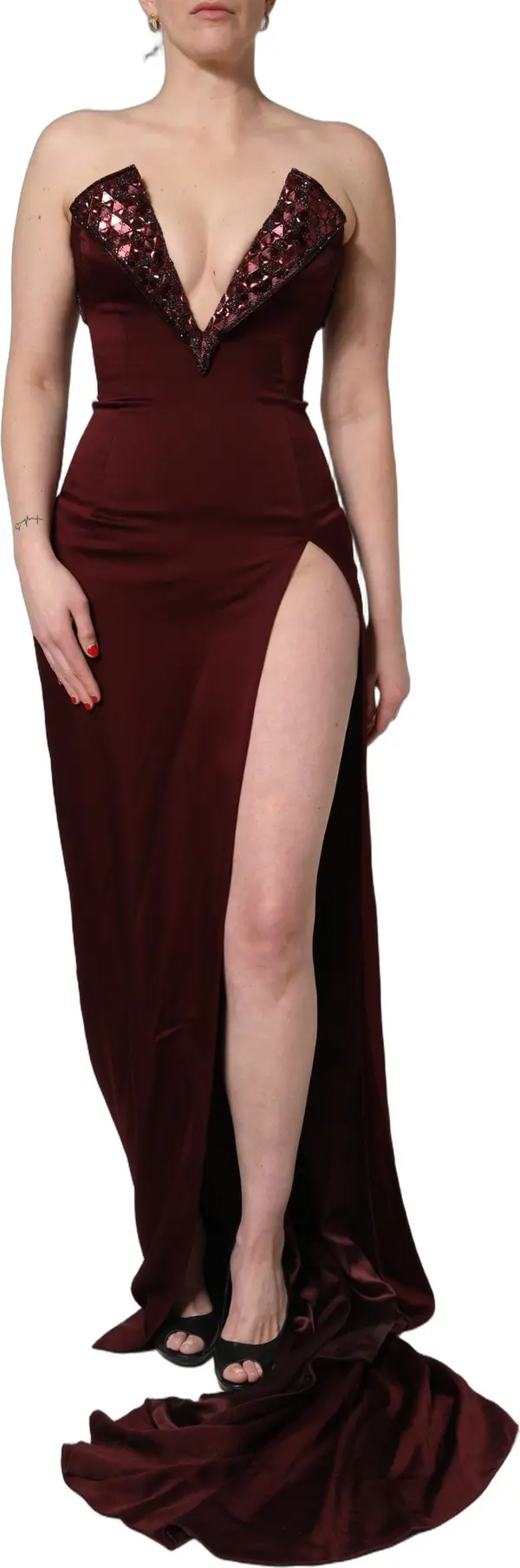 Maroon Embellished Vneck Evening Gown Dress