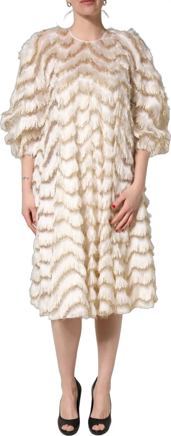Ivory Fringe Layered Shift Midi Dress