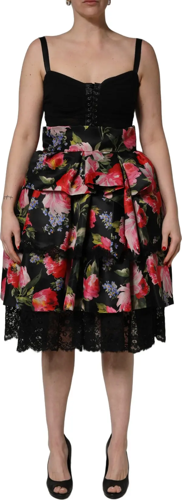 Black Sleeveless Bustier Floral Print Tiered Dress