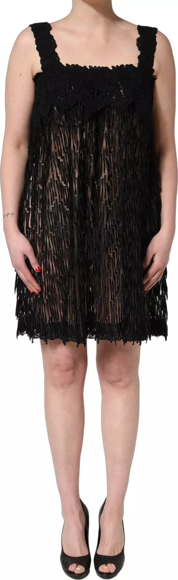 Black Viscose Fringed Sleeveless Mini Dress