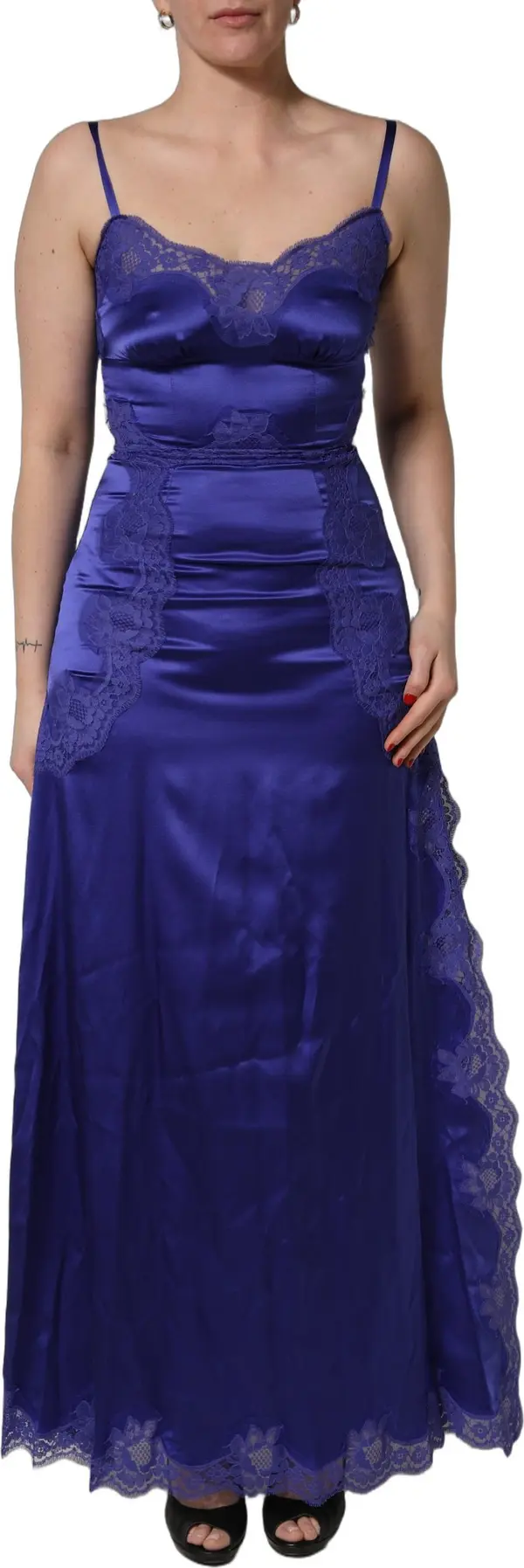 Blue Sleeveless Lace Trim A-line Gown Dress