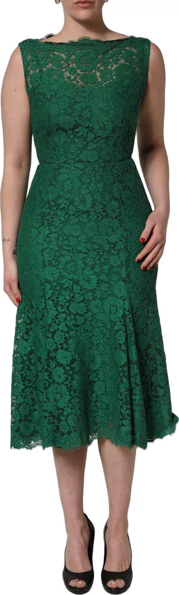 Green Floral Lace Cotton Sleeveless Midi Dress