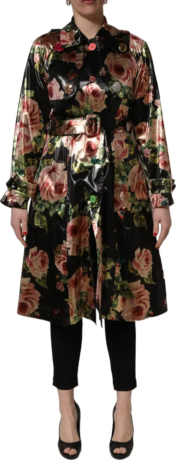 Black Floral Belted Polyester Trench Coat Jacket