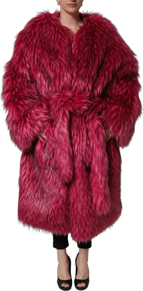 Fuchsia Belted Faux-Fur Trench Coat Jacket