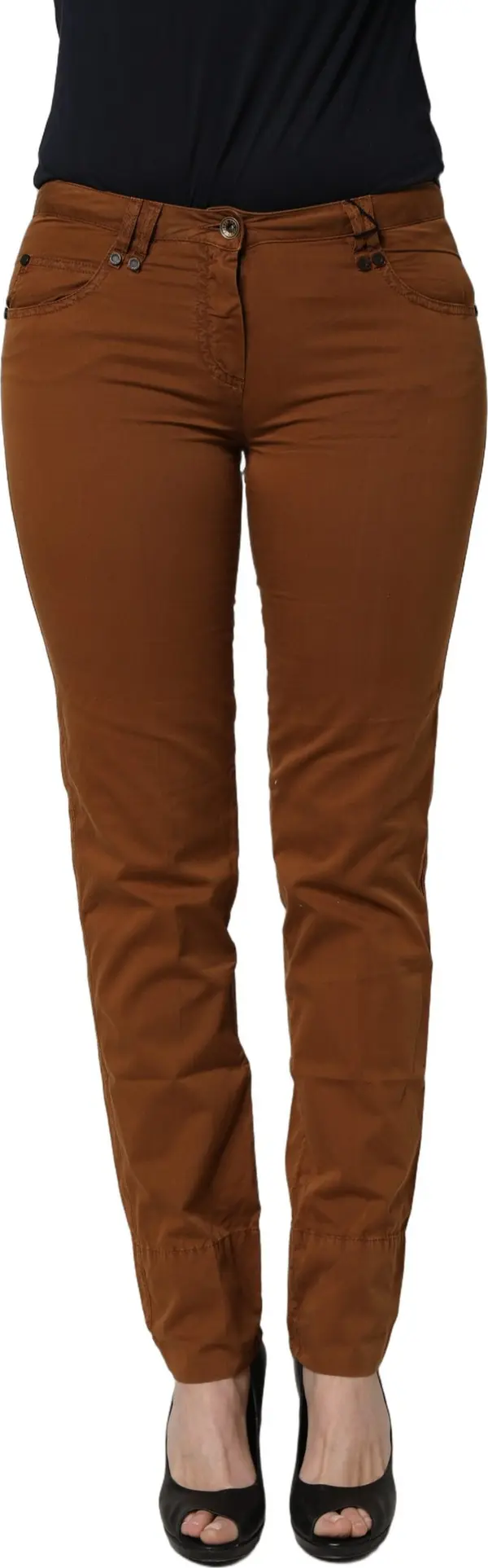 Brown Cotton Mid Waist Skinny Chino Pants
