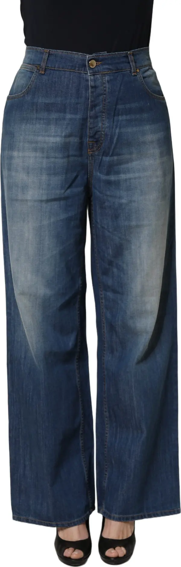 Blue Washed High Waist Wide Leg Denim Cotton Stretch Jeans