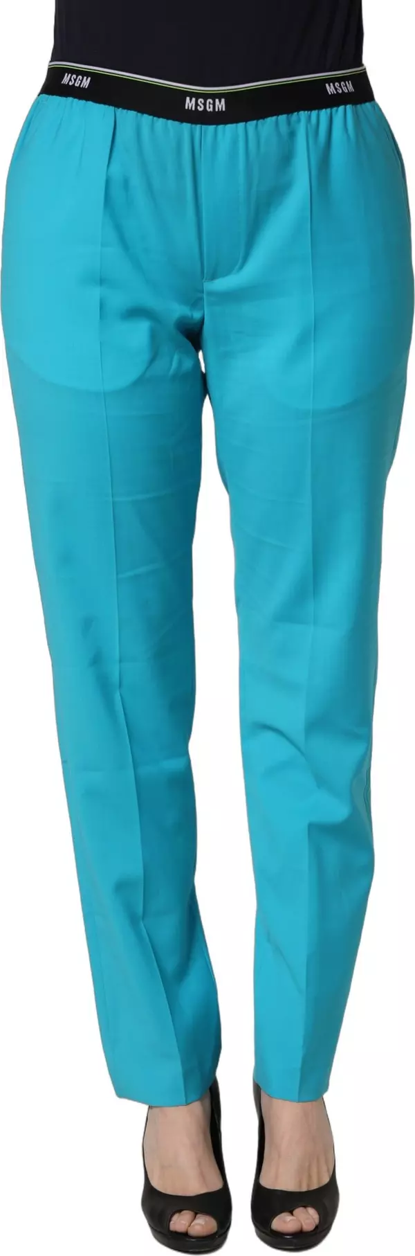 Blue Wool Mid Waist Tapered Women Trouser Pants
