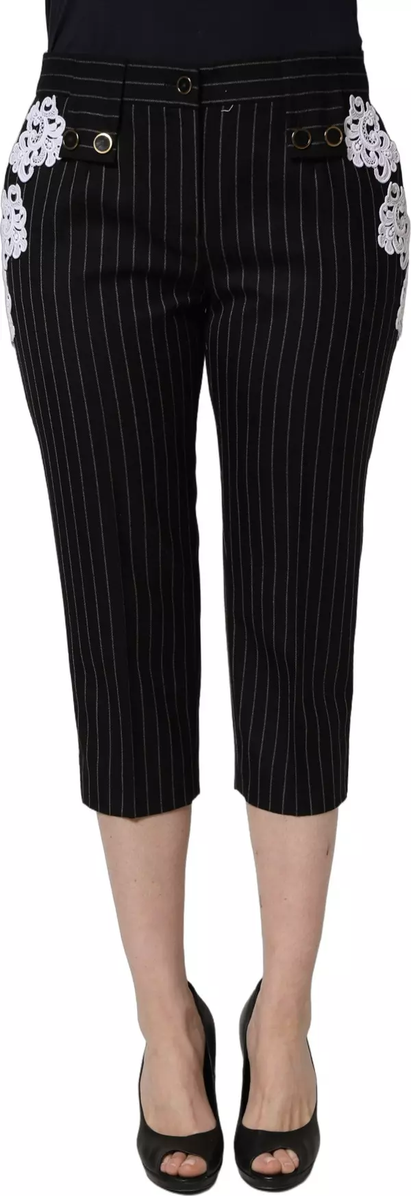 Black Lace Applique Pinstripe Cropped Pants