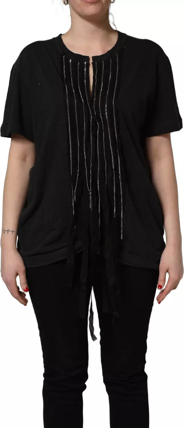 Black Chain Embellished Cotton Short Sleeve T-shirt