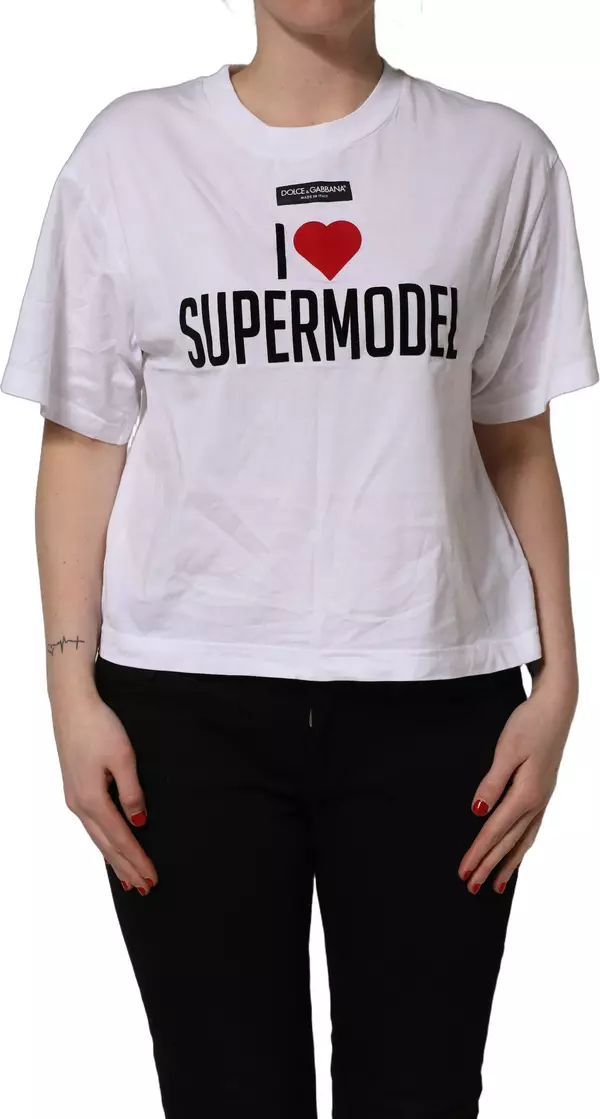 White I Love Supermodel Cotton Crew Neck T-shirt