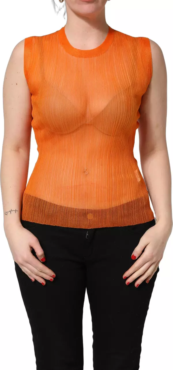 Orange See Through Crew Neck Blouse Tank Top