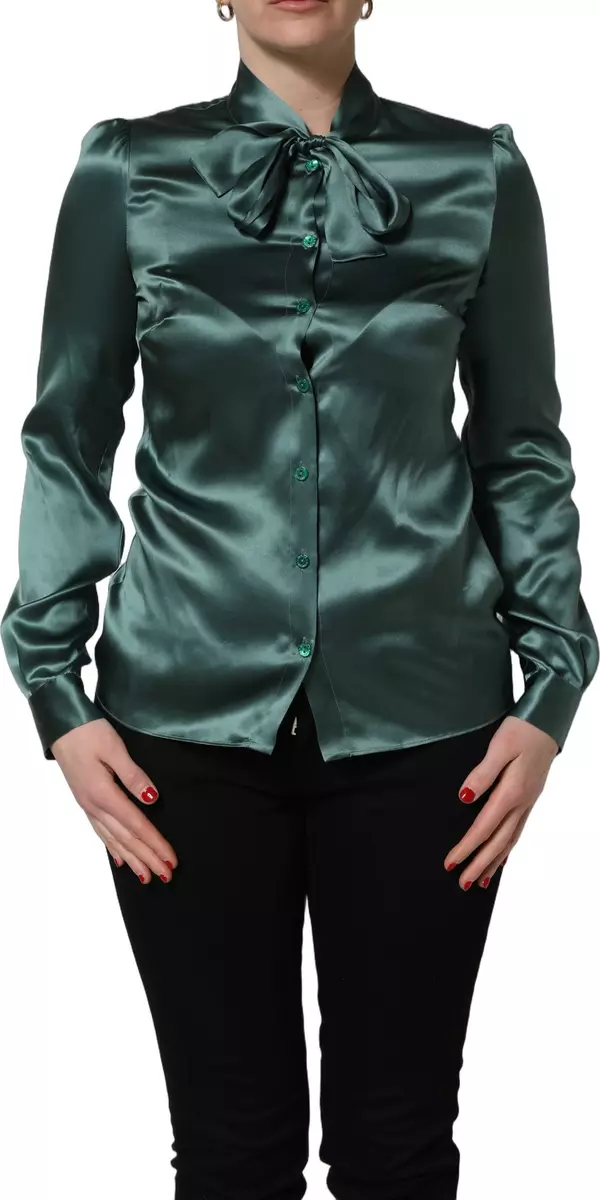 Dark Green Silk Satin Blouse Neck Tie Top