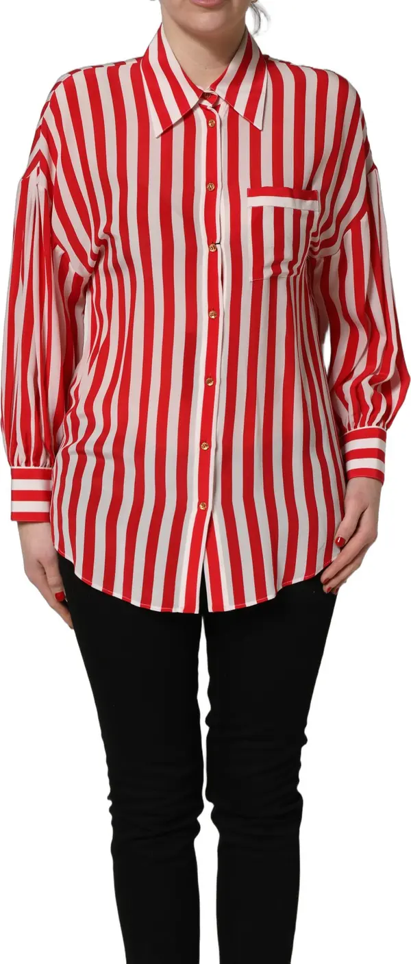 Red White Striped Long Sleeve Silk Blouse Top