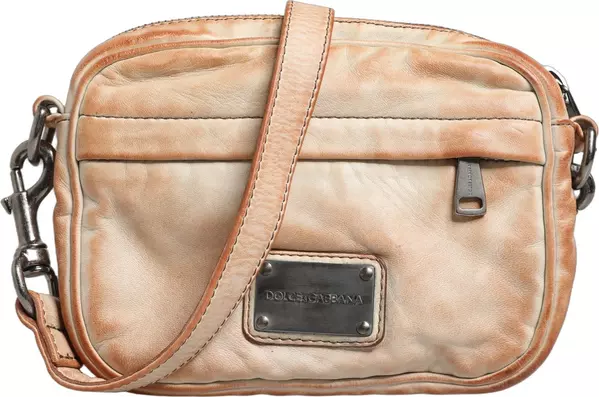 Beige Vintage Leather Logo Plaque Shoulder Borse Men Bag