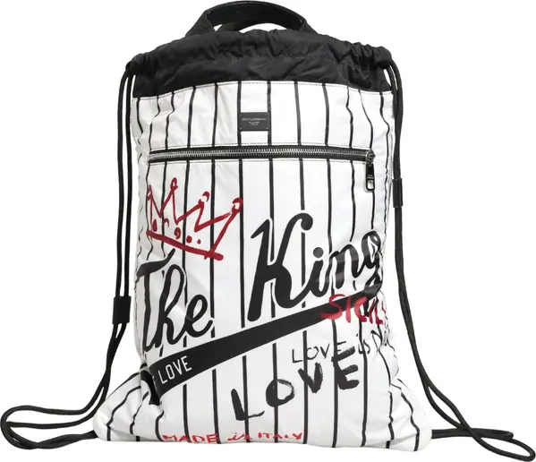 Black White Striped Polyester Drawstring Backpack Men Bag
