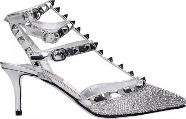 Gray Leather Stiletto Heel Sandals