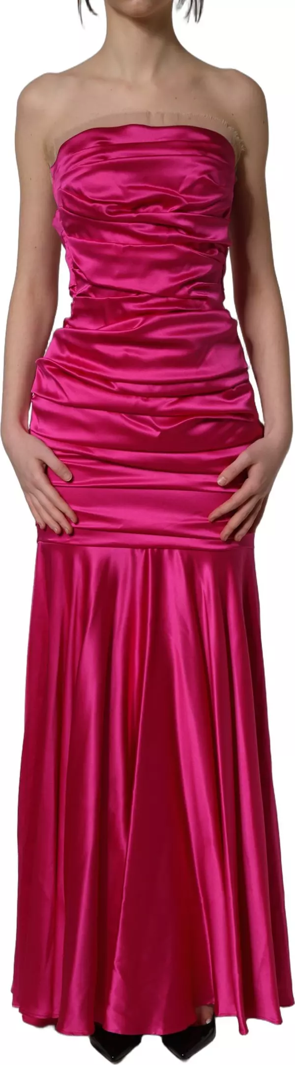 Hot Pink Ruched Satin Strapless Gown Dress