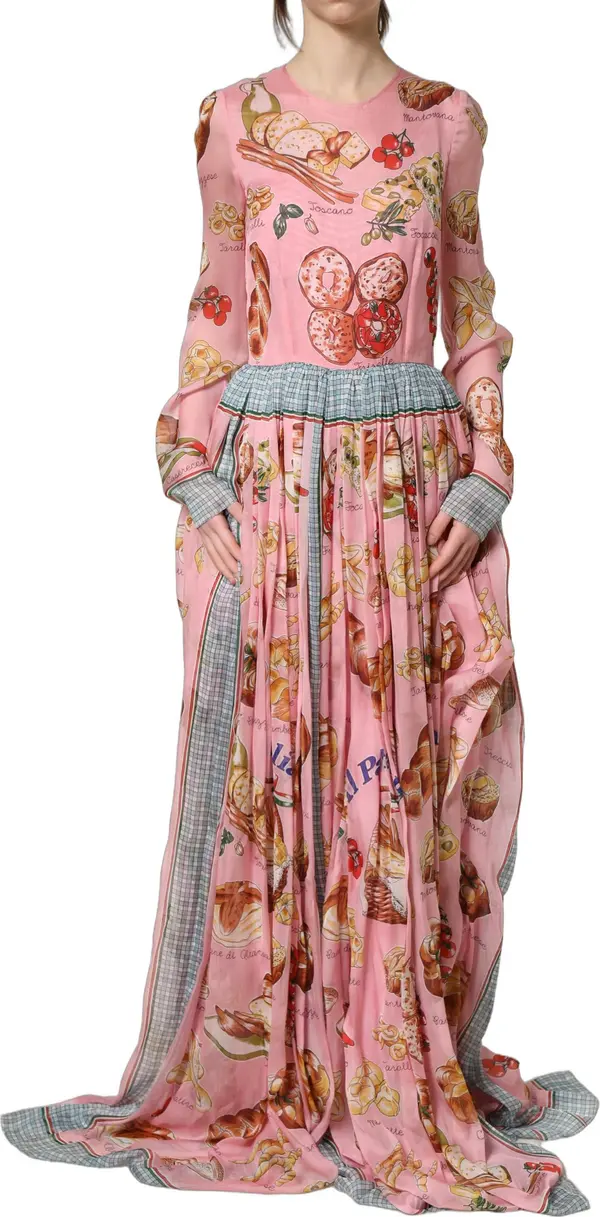 Light Pink Bread Print Pleated Maxi Dress