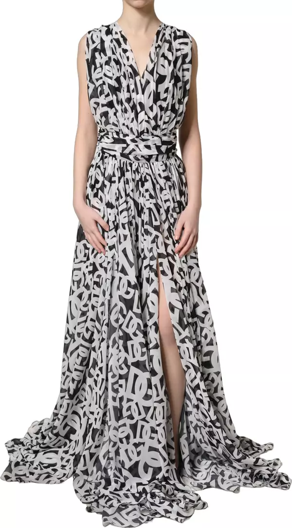 Black White Logo Sleeveless Floor Length Maxi Dress