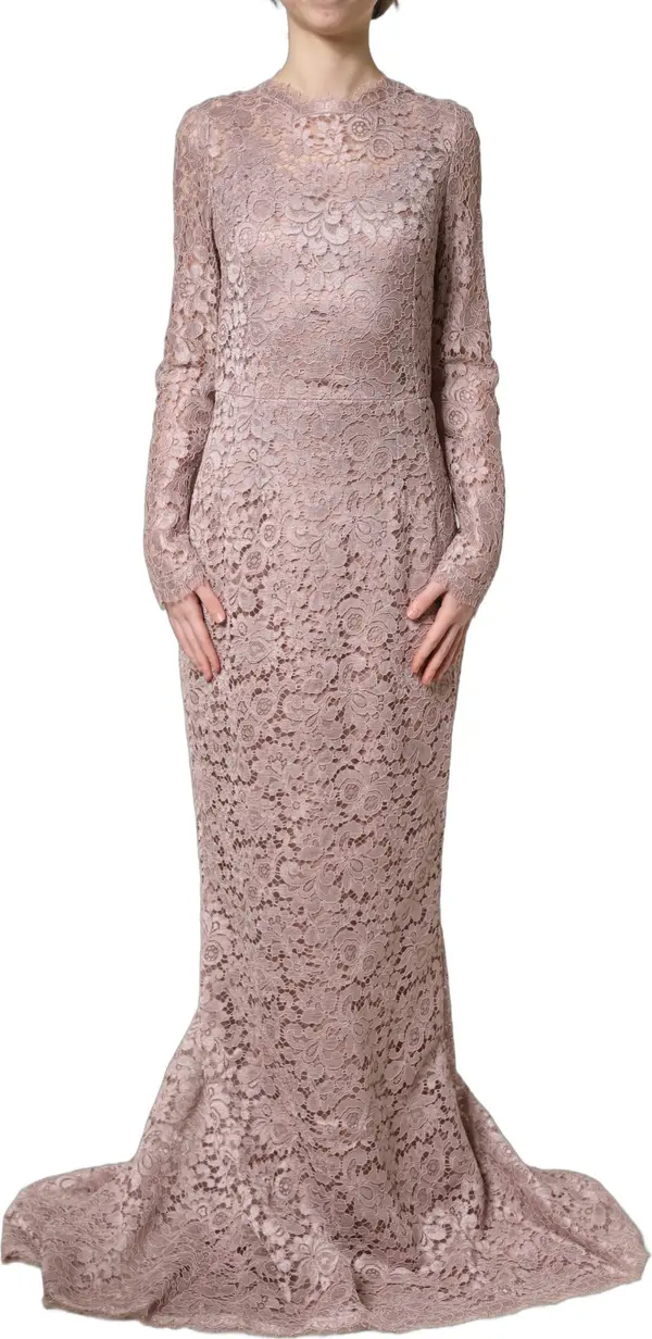 Pink Lace Long Sleeves Evening Gown Dress
