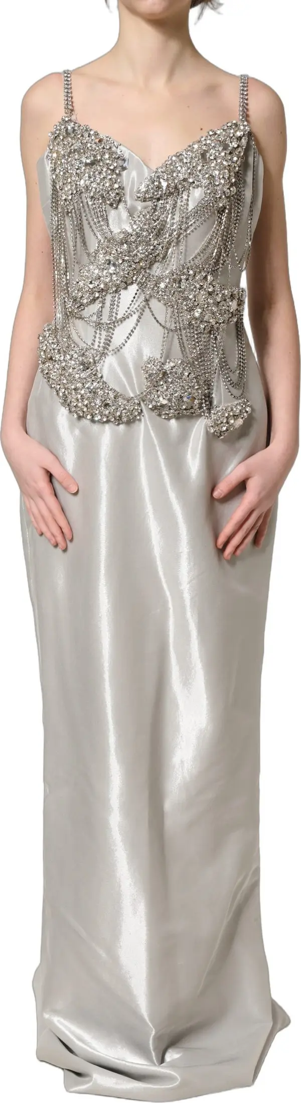 Silver Crystal Embellished EveningGown Dress