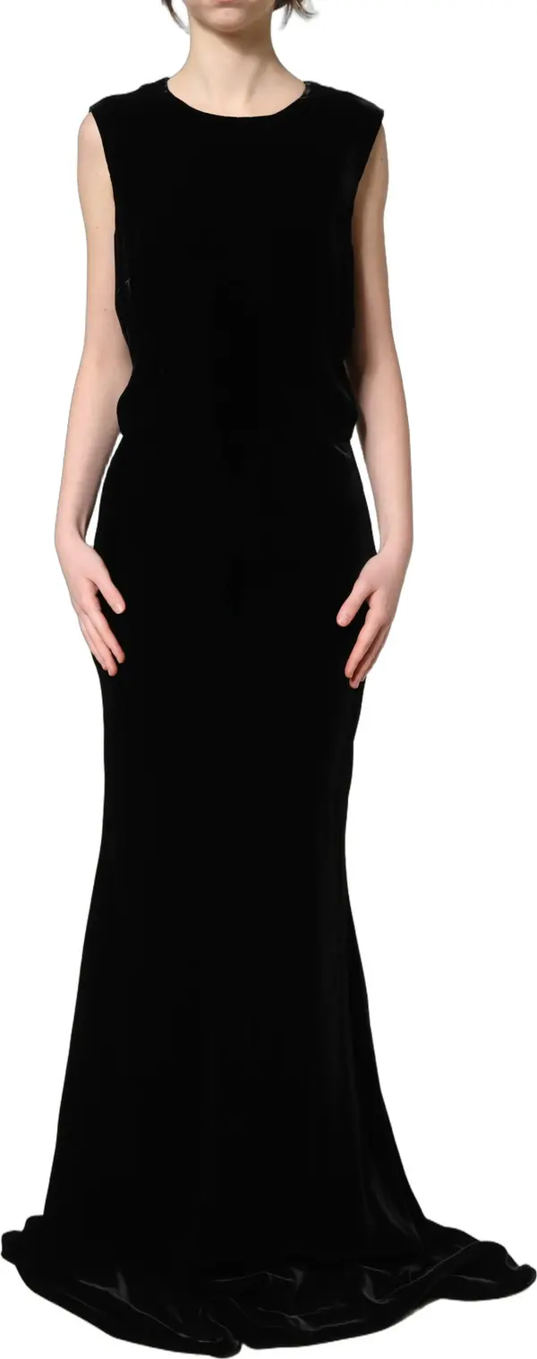 Black Viscose Velvet Floor Length Gown Dress