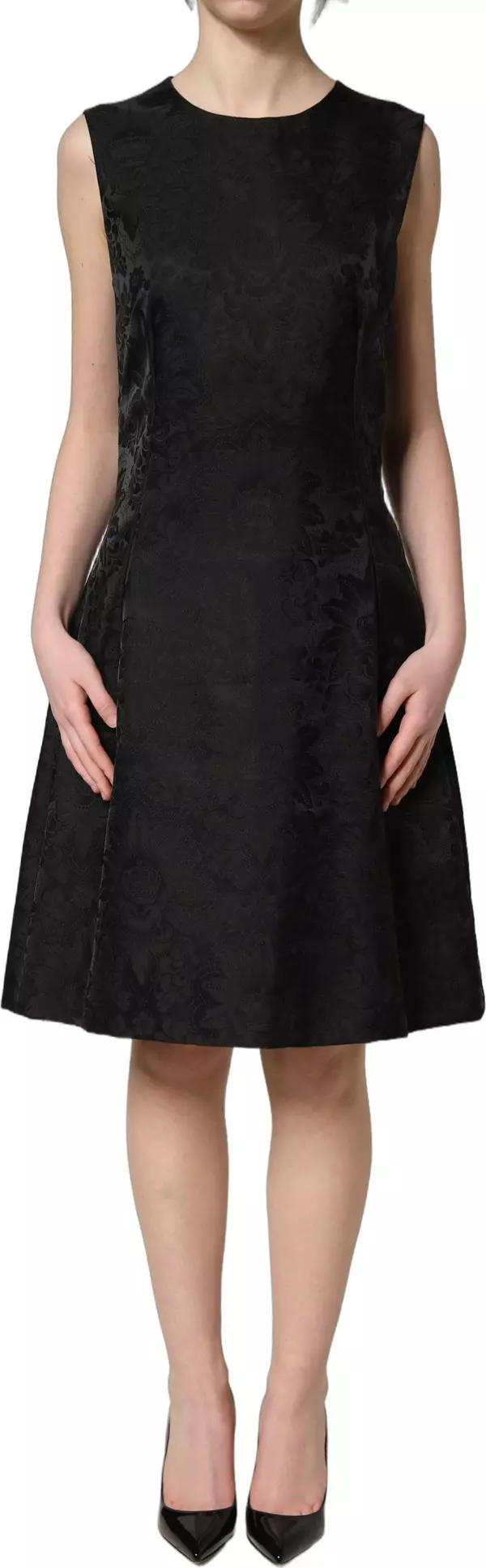 Black Floral Jacquard Sleeveless A-line Dress