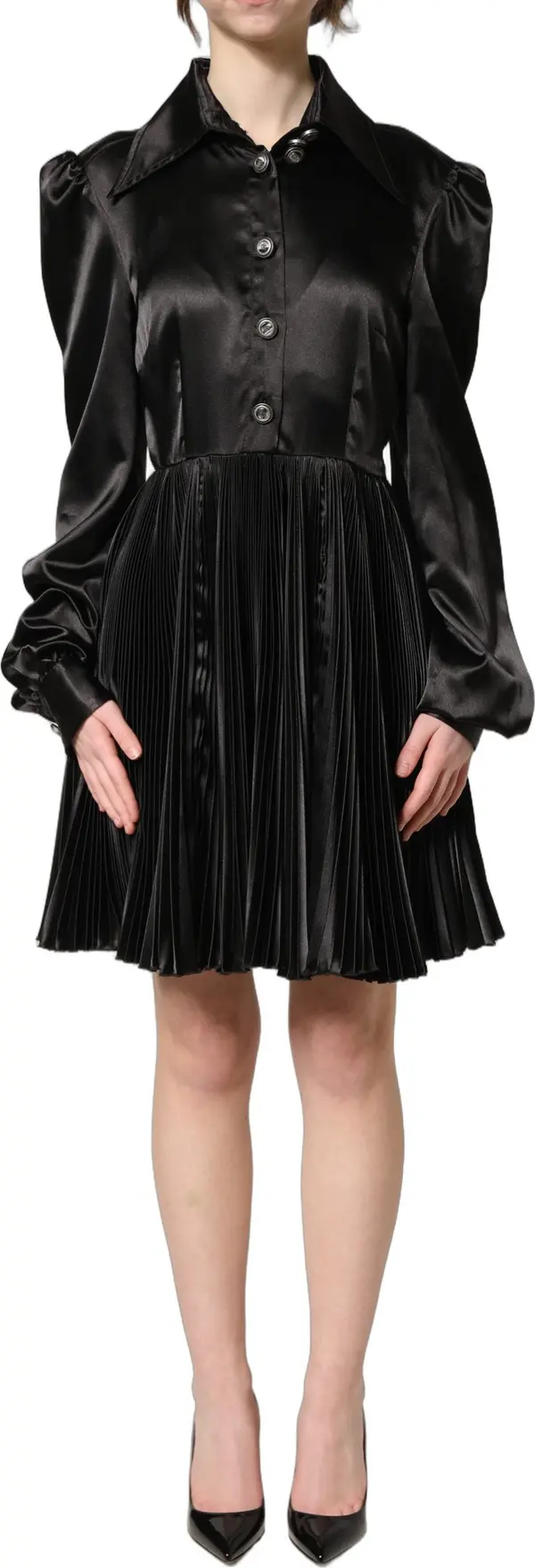 Black Satin Long Puff Sleeves Pleated Dress